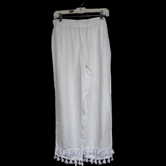 Rachel Zoe Linen Pants M White Tassel Hem Wide Leg 100% Linen Elastic Waist - Picture 1 of 15